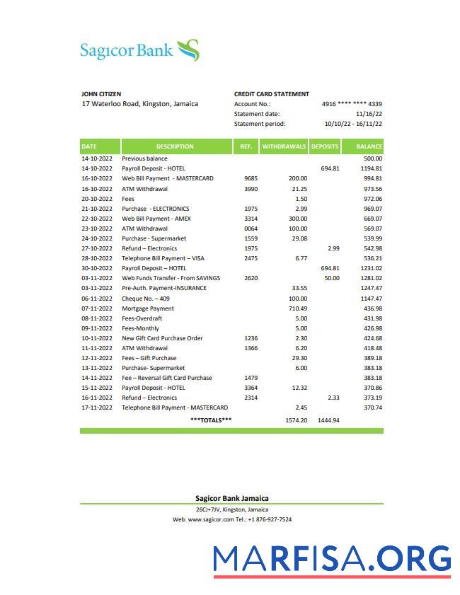 Realistic Jamaica Sagicor bank statement excel download for verification